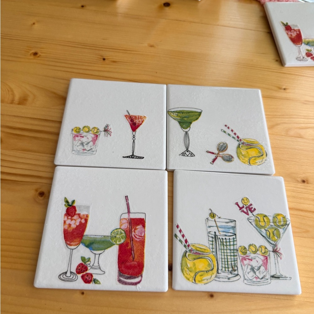 Cocktail Illustration Ceramic Drink Coasters - White with Multi-Color Artwork